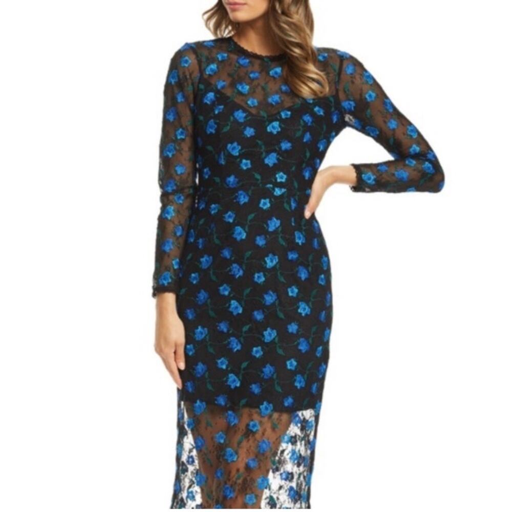Dress The Population Sophia Indigo Embroidered Lace Illusion Dress Small - Picture 4 of 12